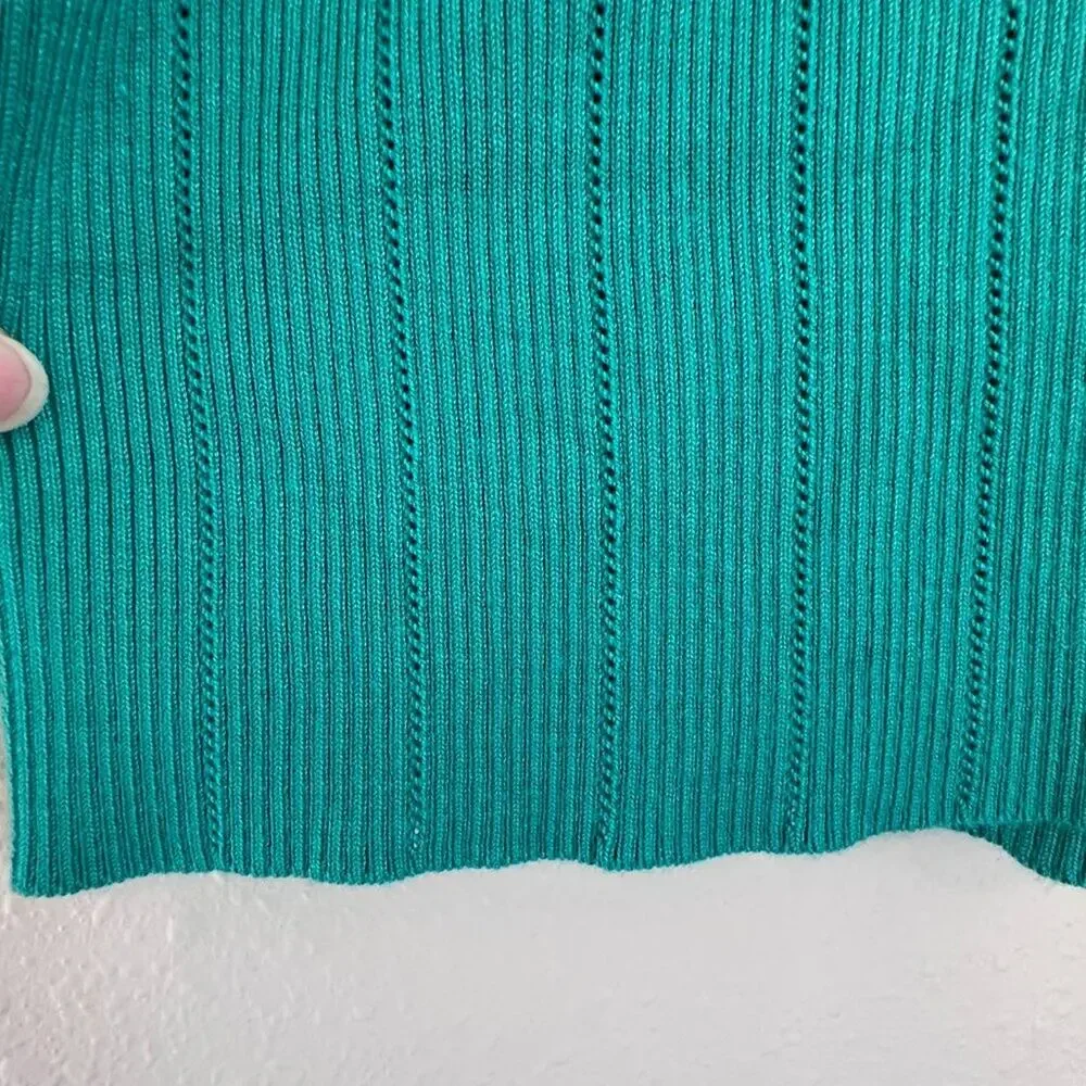 Adrianna Papell Rib Cable Short Sleeve Collar Sweater, Green, Size Medium - Picture 4 of 8